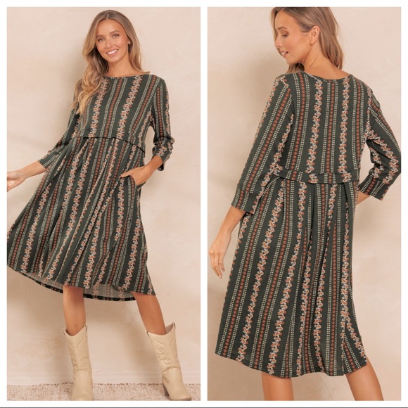 ✨LAST ONES✨Boho Quarter Sleeve Floral Midi Dress - Picture 2 of 5